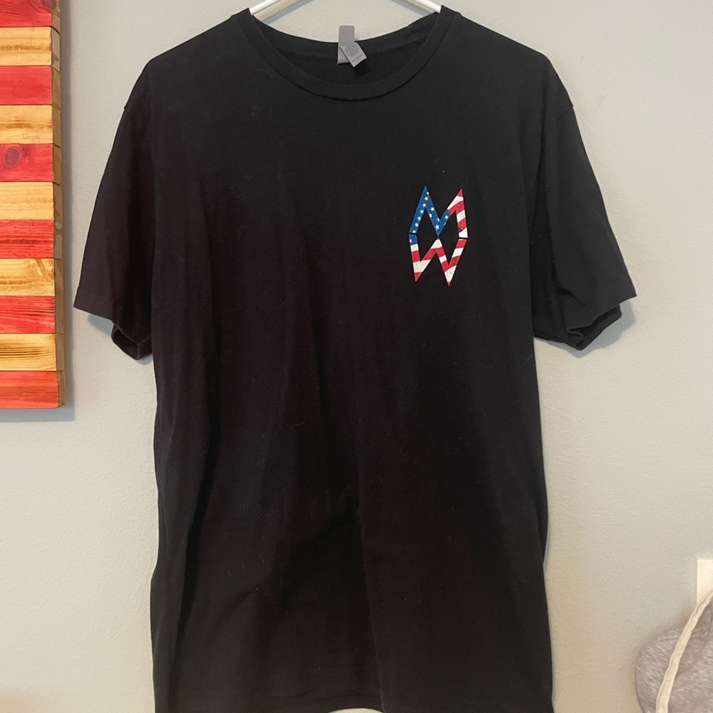 Black Graphic Crewneck T-Shirt with American Flag Accent